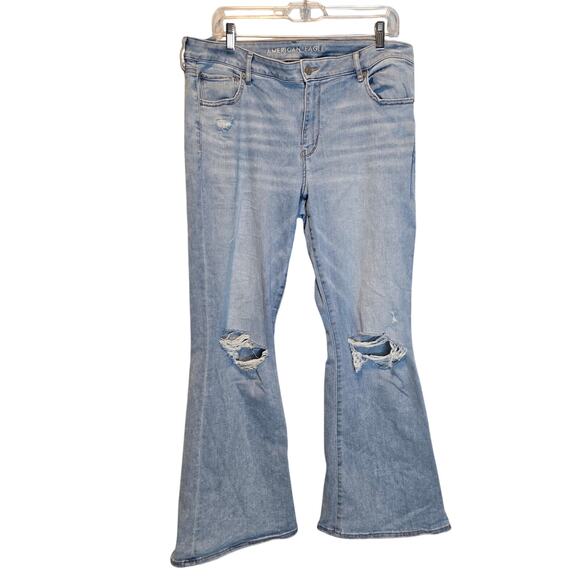 American Eagle Low rise Flare denim Jeans Ripped Distressed Knee Size 16 R - Picture 1 of 7